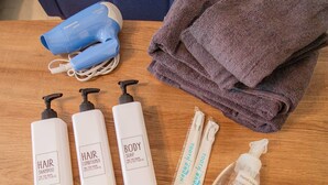 Bany amb assecador, tovalloles i productes per a l'higiene personal.