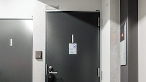 A hallway with a black door, a security intercom, and a wall-mounted elevator control panel. - Yellow (Sapporo)
