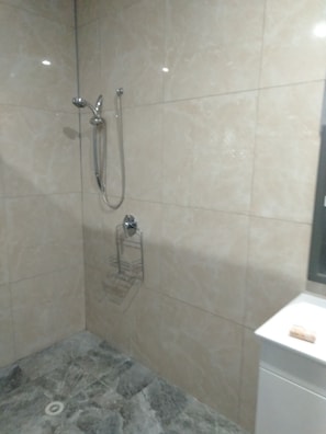 Shower, towels, soap, toilet paper