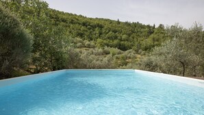 Ein klarer, blauer Swimmingpool, umgeben von üppiger Vegetation und sanften Hügeln.