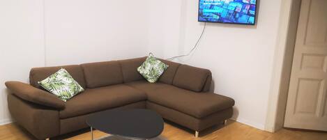 A living room with a brown sectional sofa, two green and white patterned pillows, a black coffee table with metal legs, a grey rug, and a flat-screen TV mounted on the wall displaying a Netflix interface.