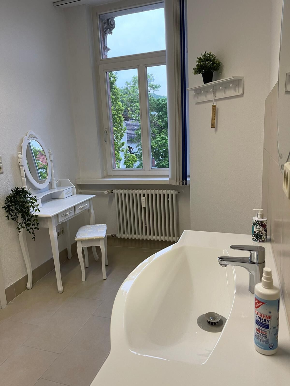 Een badkamer met een wit wastafelmeubel, een grote wastafel, een spiegel, een raam met uitzicht op groen en een radiator.