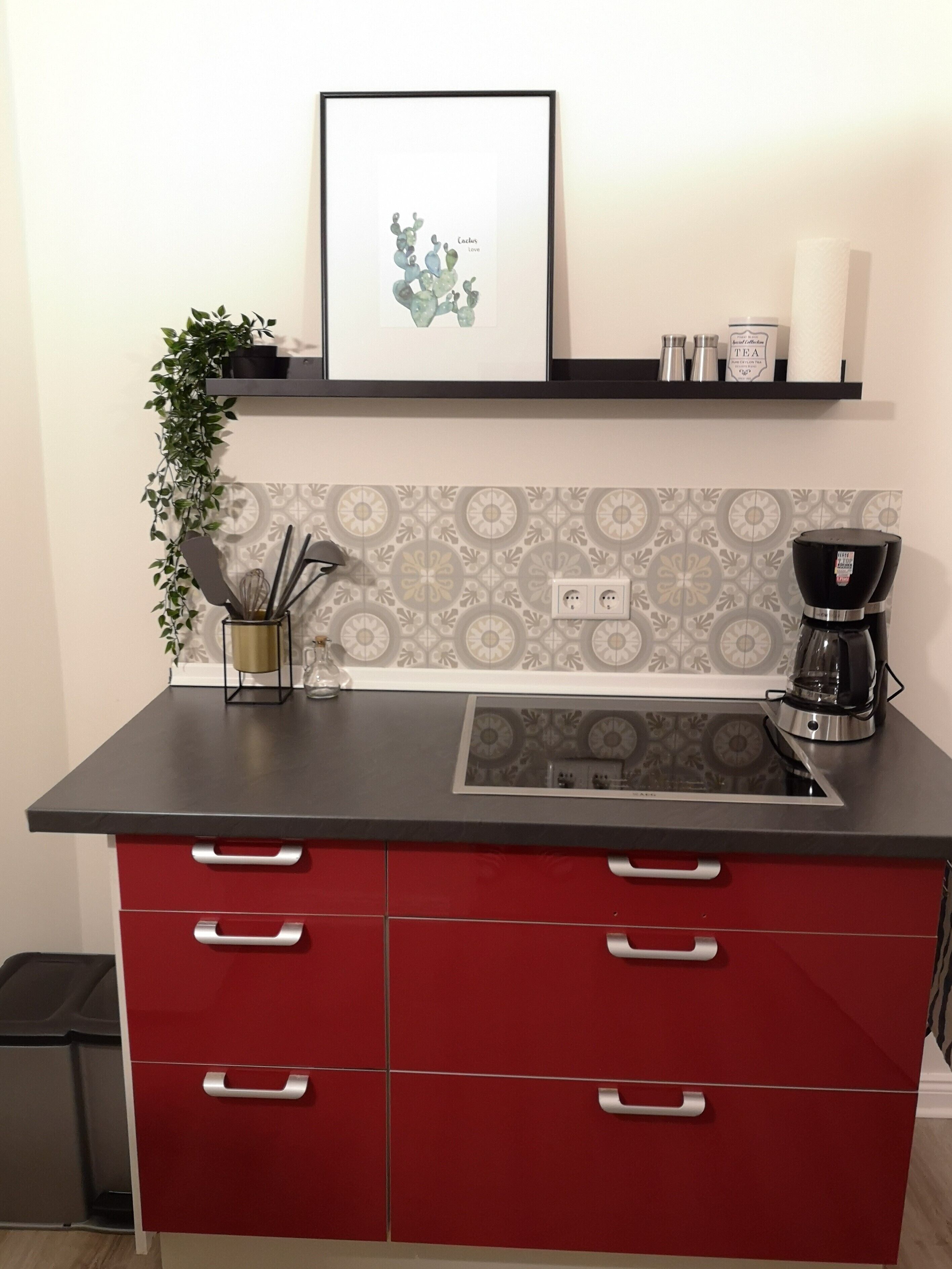 A kitchen with a black countertop, red cabinets, a coffee maker, a framed picture, and a plant.