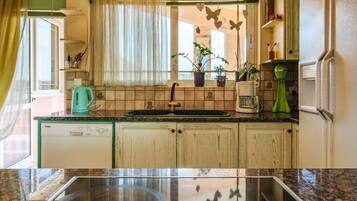 Frigorífico, microondas, horno y placa de cocina