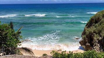 Vlak bij het strand, ligstoelen, strandlakens