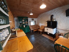 A cozy living room with a wooden ceiling, a green cabinet with dishes, a sofa, a chair, and a stove.