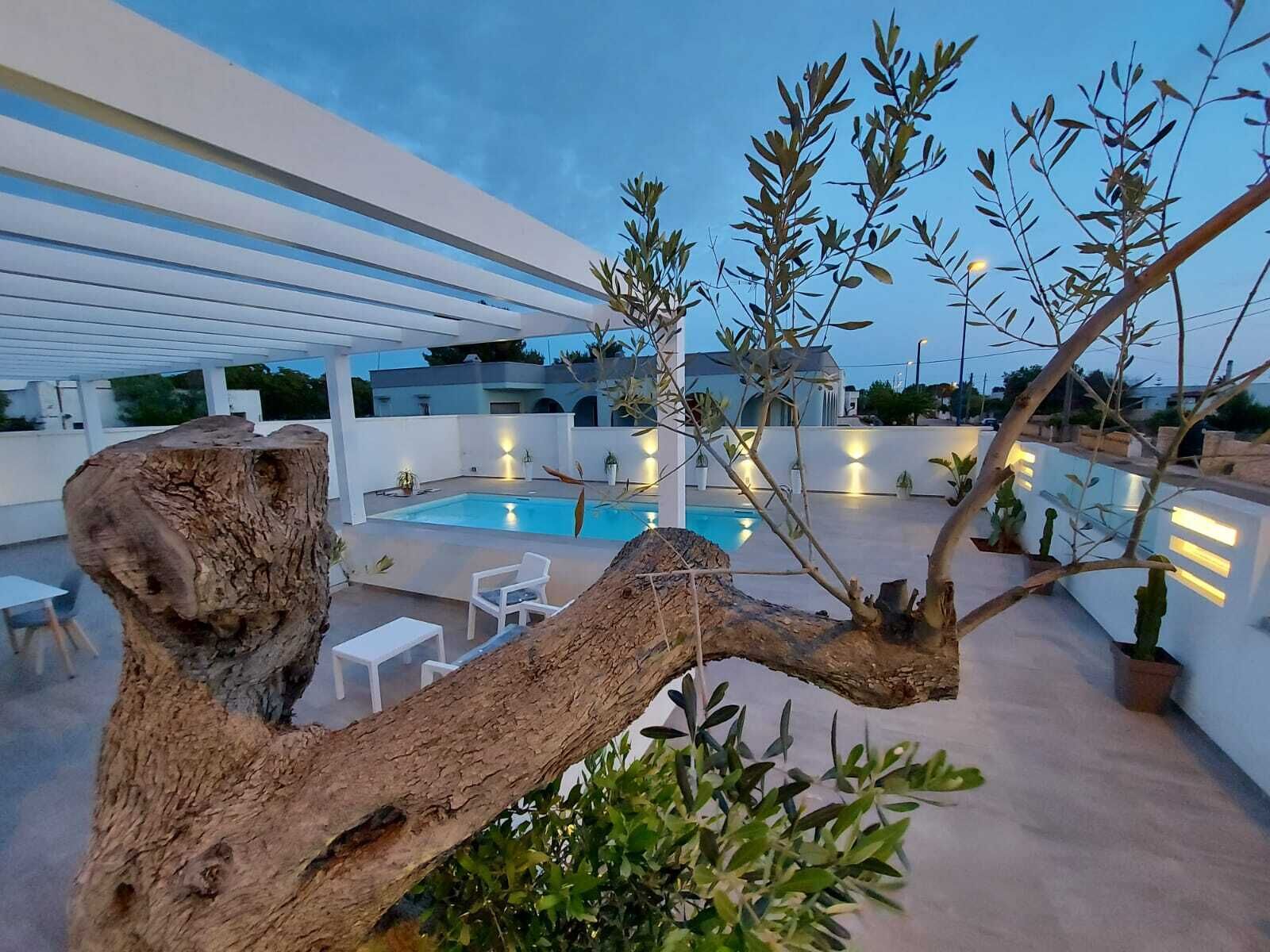An outdoor pool area with a modern pool, white lounge chairs, and a large tree trunk centerpiece.