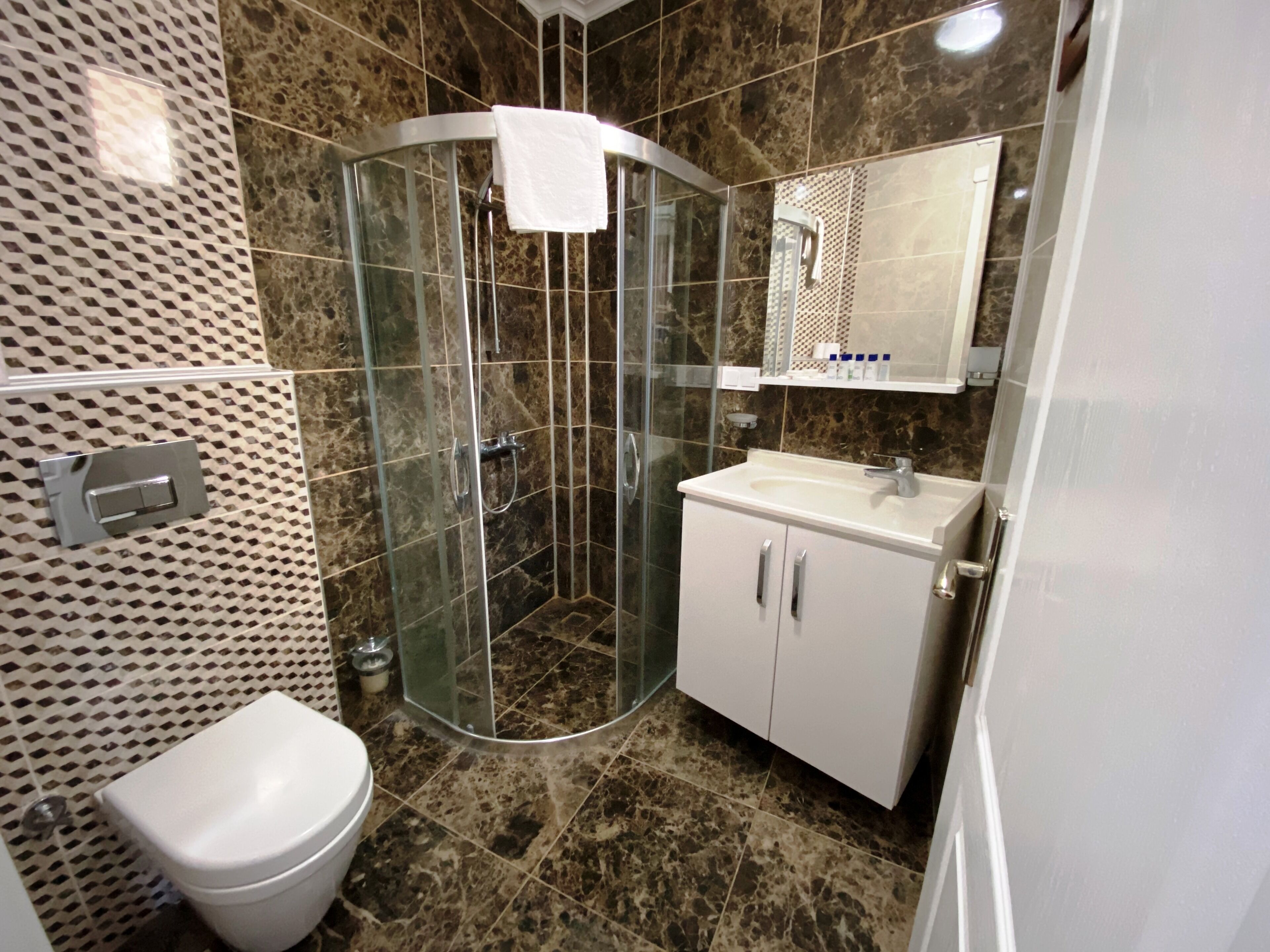 Shower, hair dryer, slippers