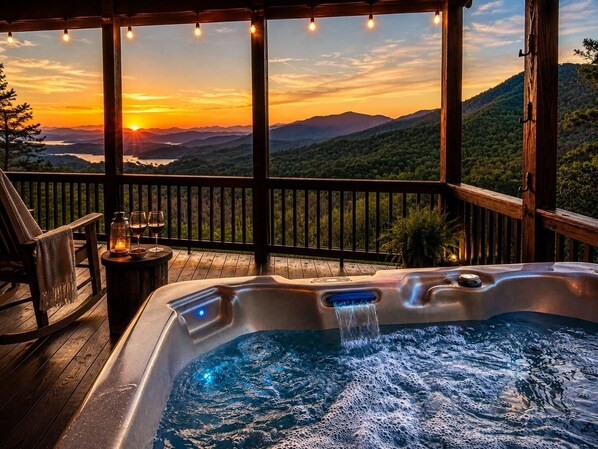 Un jacuzzi en una terraza de madera con vistas al atardecer.