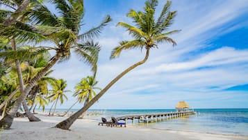 On the beach, sun loungers, beach towels