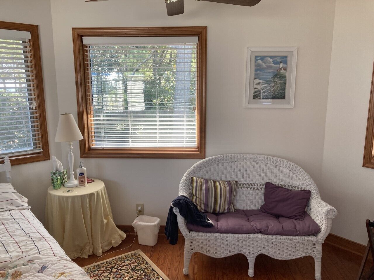 A bedroom with a wicker sofa, a bedside table with a lamp, and a framed picture on the wall.