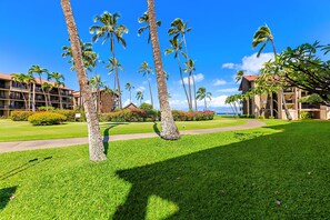 A hotel with a well-maintained lawn, palm trees, and a clear view of the ocean.