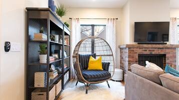 TV, fireplace, books