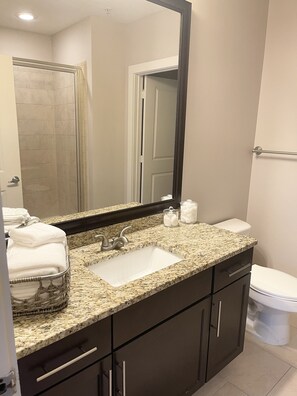 Bathtub, hair dryer, towels, toilet paper