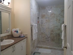 Combined shower/tub, hair dryer, towels, soap