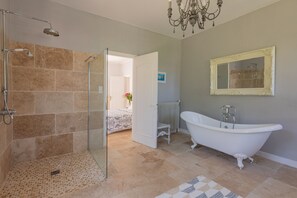 Bathtub, hair dryer, towels, toilet paper