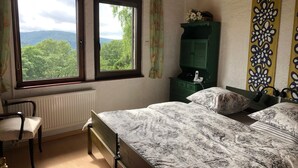 A bedroom with two beds, a chair, a radiator, and a view of greenery through the windows. - Gîte LE Petit Renard (Dabo)
