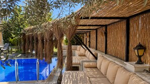 A poolside area with a blue pool, beige cushioned seating, and a thatched roof structure.