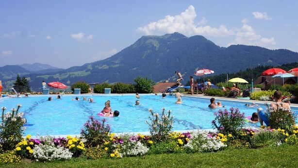 A swimming pool surrounded by colorful flowers and umbrellas, with mountains in the background. - Rosenhaus 3 (Schwarzenberg)
