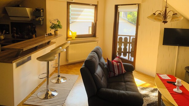 A compact living space with a kitchenette, a sofa, a dining table, and a TV. - Quiet apartment on the outskirts of the city (Chemnitz)