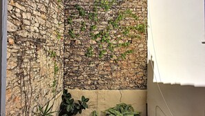 Un muro de piedra con hiedra, una planta en maceta y un edificio blanco.
