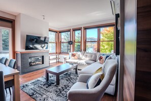 A modern living room with a fireplace, large windows, and a flat-screen TV.
