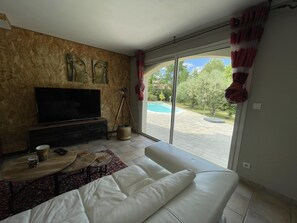 Televisión, chimenea, reproductor de DVD y libros