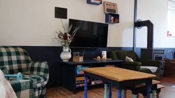 Smart TV, fireplace, books, stereo