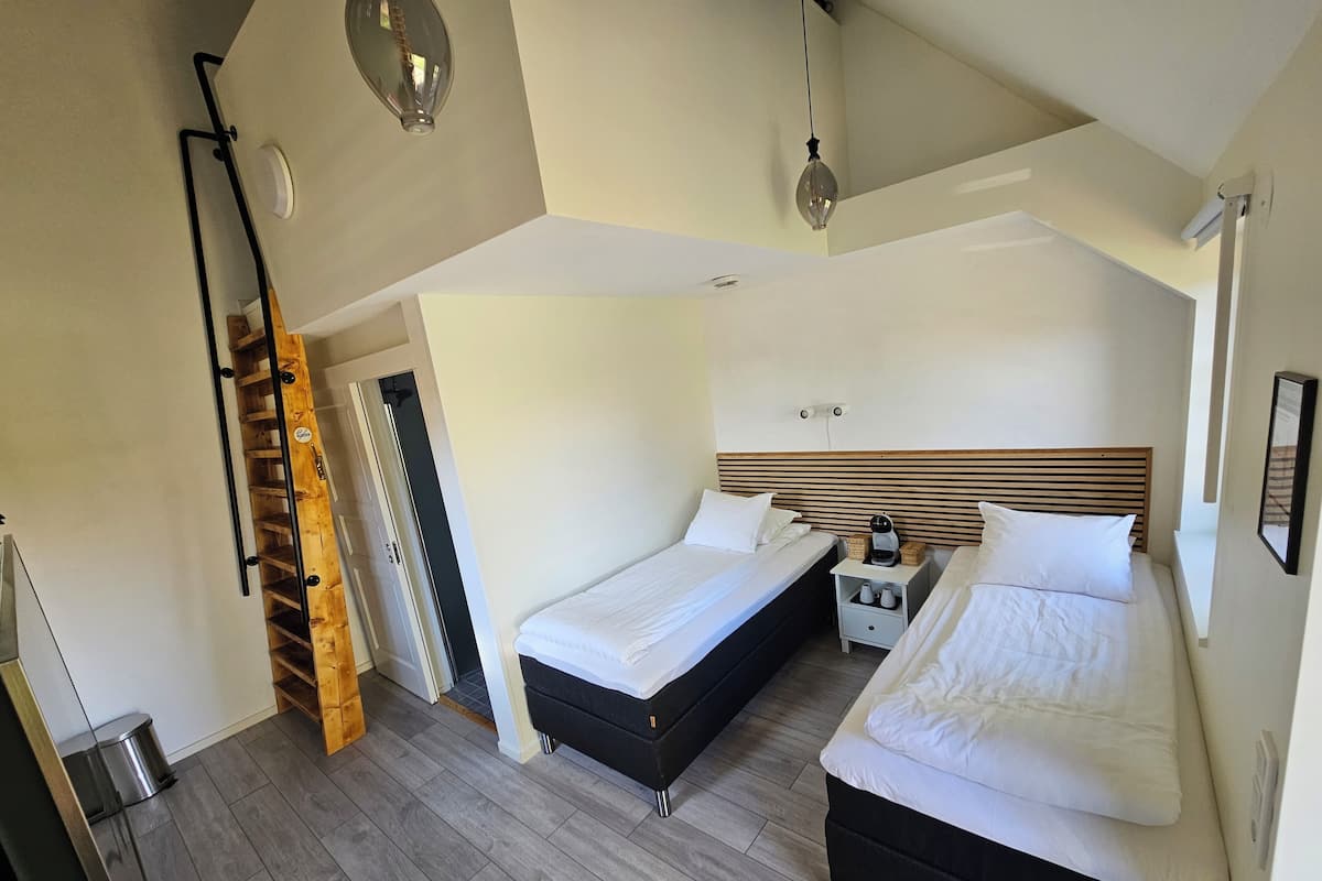 A bedroom with two beds, a wooden ladder, a nightstand, and a wall-mounted shelf.