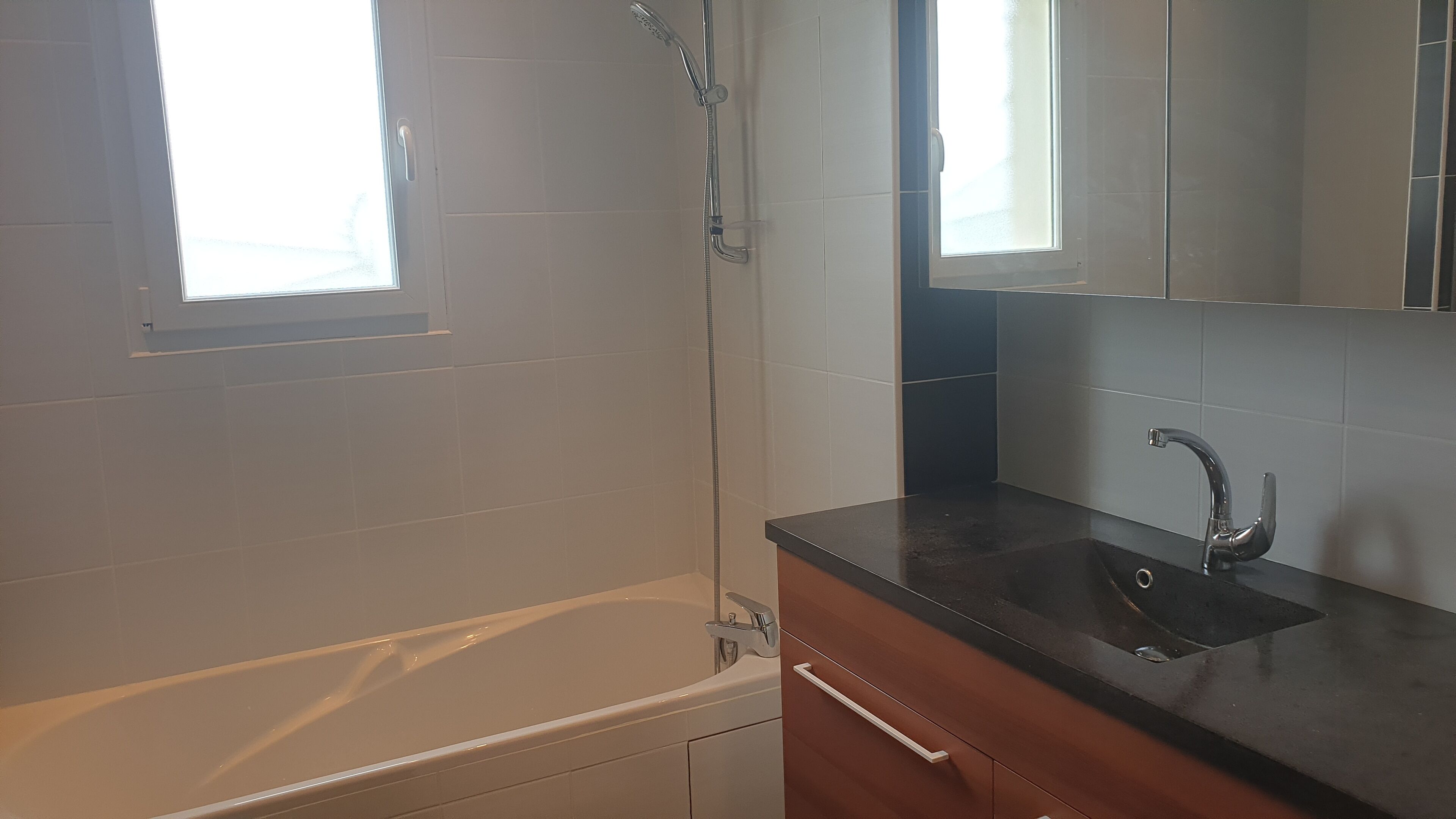 Un baño con bañera, ducha, lavabo y espejo.
