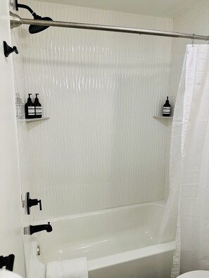 Combined shower/tub, hair dryer, towels, soap