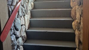 A wooden interior with a stone staircase, a red handrail, and a basket with cleaning supplies.