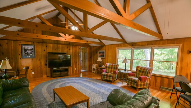 A cozy living room with a wooden ceiling, a television, leather sofas, and a round rug. - Lovely spacious 6 BR home in St. Croix River valley (Taylors Falls)
