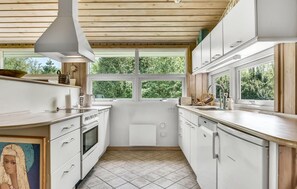 Fridge, stovetop, dishwasher, coffee/tea maker