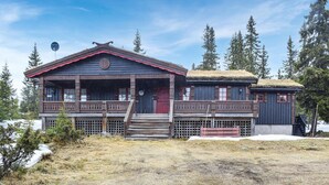 Tunnelmallinen mökki, jossa on kuisti, erillinen rakennus olkikatolla ja satelliittiantenni.