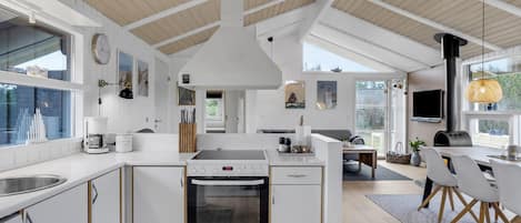 Fridge, stovetop, dishwasher, coffee/tea maker