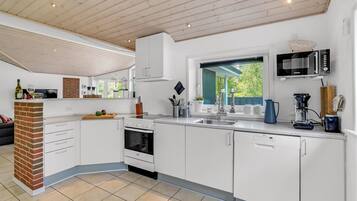 Fridge, stovetop, dishwasher, coffee/tea maker