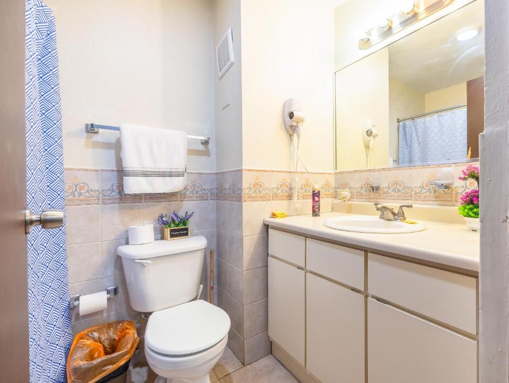 Une salle de bain équipée de toilettes, d’un lavabo, d’un miroir et d’un porte-serviettes.