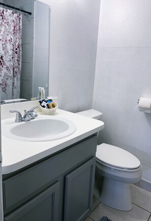 Combined shower/bathtub, hair dryer, towels, toilet paper