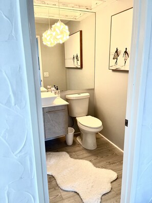 Combined shower/bathtub, hair dryer, towels, soap