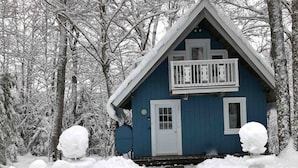 A blue cabin with a balcony, surrounded by snow-covered trees.