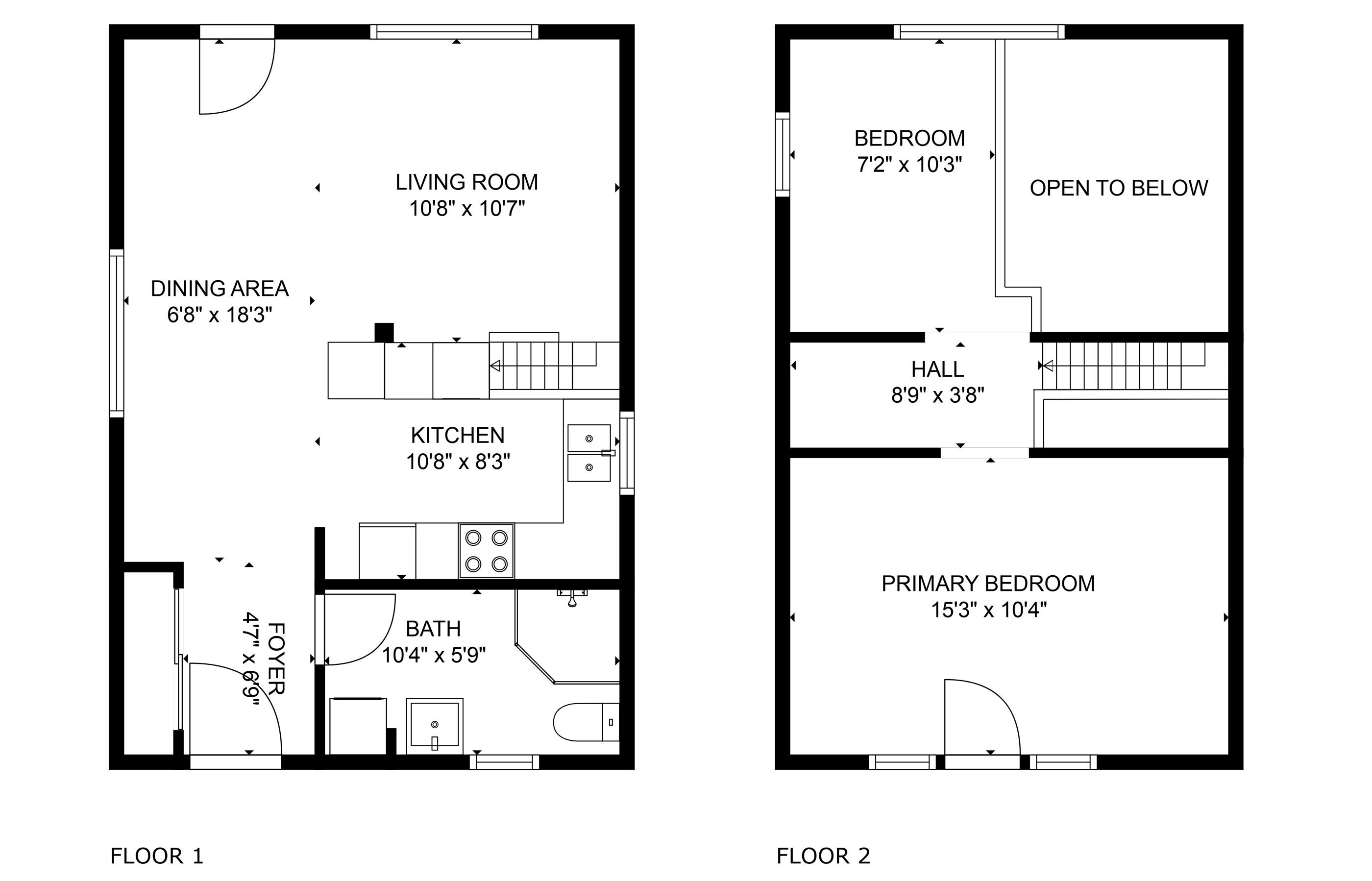 Two floor plans of a house with a living room, dining area, kitchen, bathroom, foyer, bedroom, and hall.
