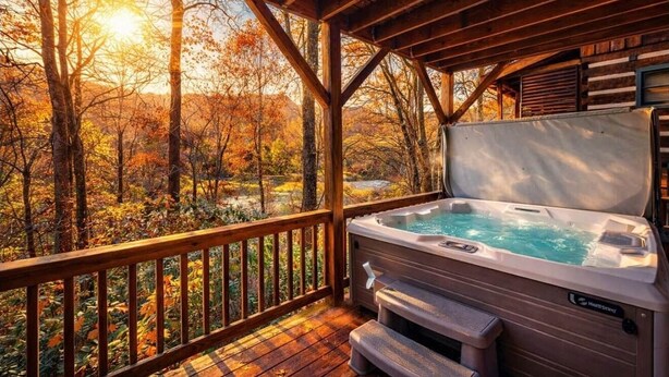 A hot tub on a wooden deck with a view of autumn trees. - Bear Pause Cabin 3 BR/3BA Amazing Lake View EV Charger (Seven Devils)