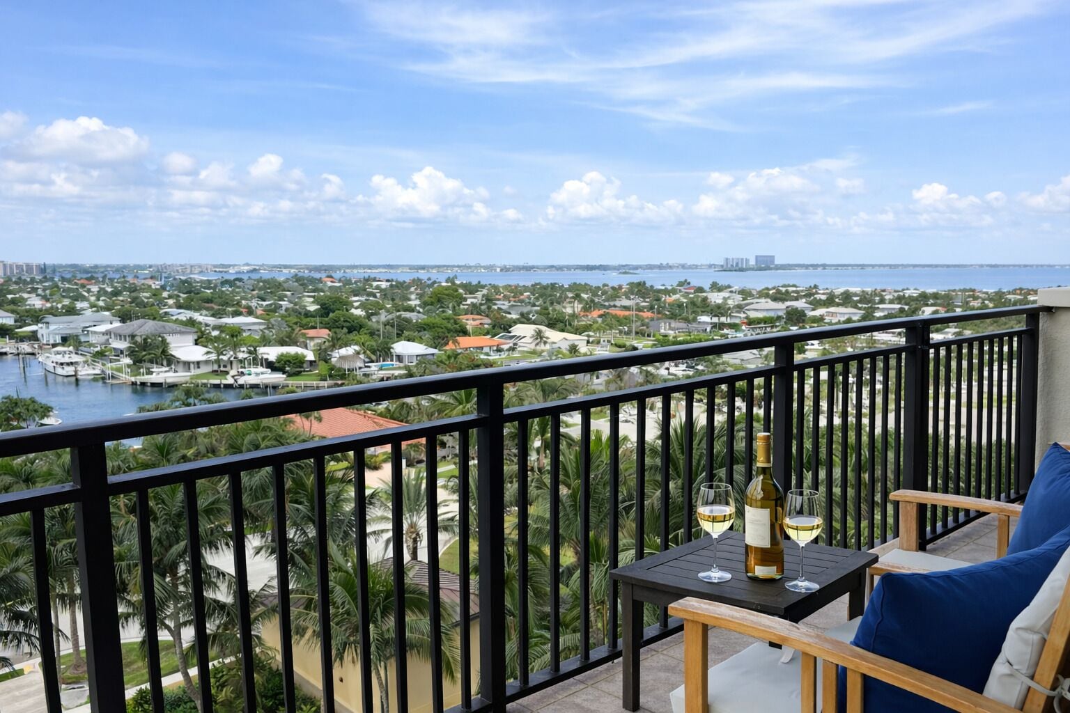 A balcony with a view of a marina and cityscape, a table with a bottle and glass, and a chair with a cushion.