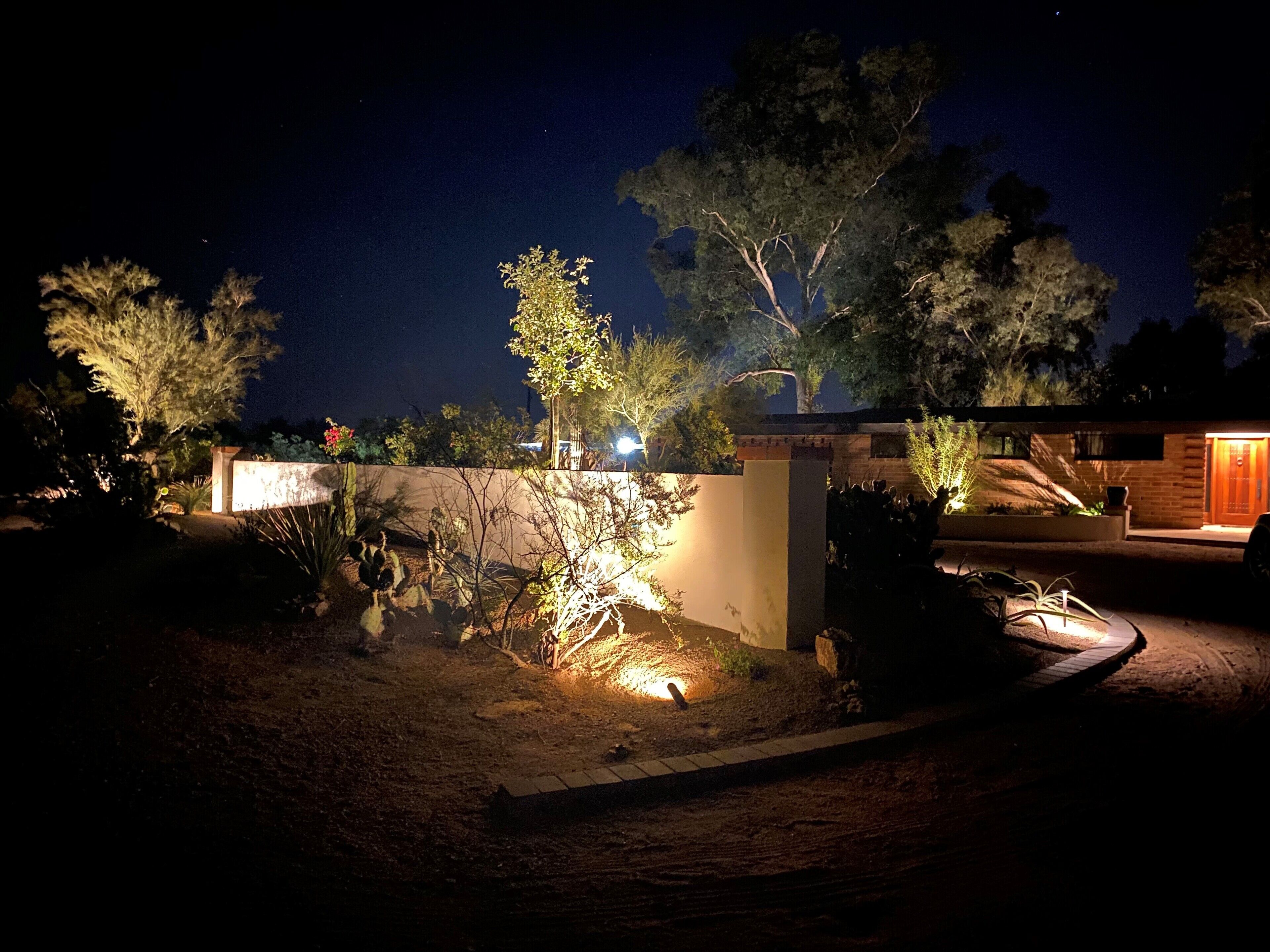 A nighttime view of a residential property with a well-lit entrance, a paved driveway, and a variety of plants and trees.