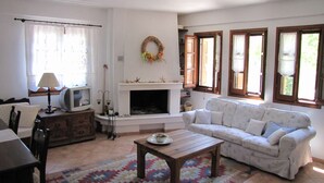 Ein Wohnzimmer mit Kamin, einer Couch, einem Couchtisch und einem Fernseher.
