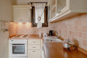 Fridge, oven, coffee/tea maker, toaster