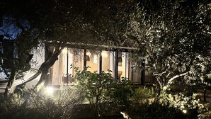 A secluded, dimly lit house surrounded by dense foliage, with a visible porch and a small garden area. - Belle Villa au Coeur des Alpilles (Maussane-les-Alpilles)