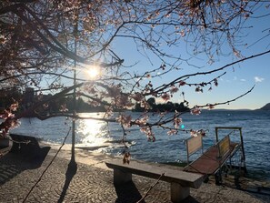 A waterfront bench area with a stone pavement, a metal bench, and a metal structure. - Apartment in a Liberty Style House - Free Wifi (Verbania)