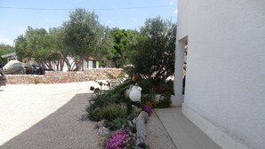 A garden with gravel, rocks, and various plants including purple flowers.